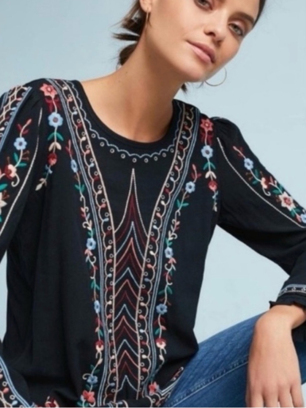 One September by Anthropologie Wesley Floral Embroidered Black Blouse Sz S